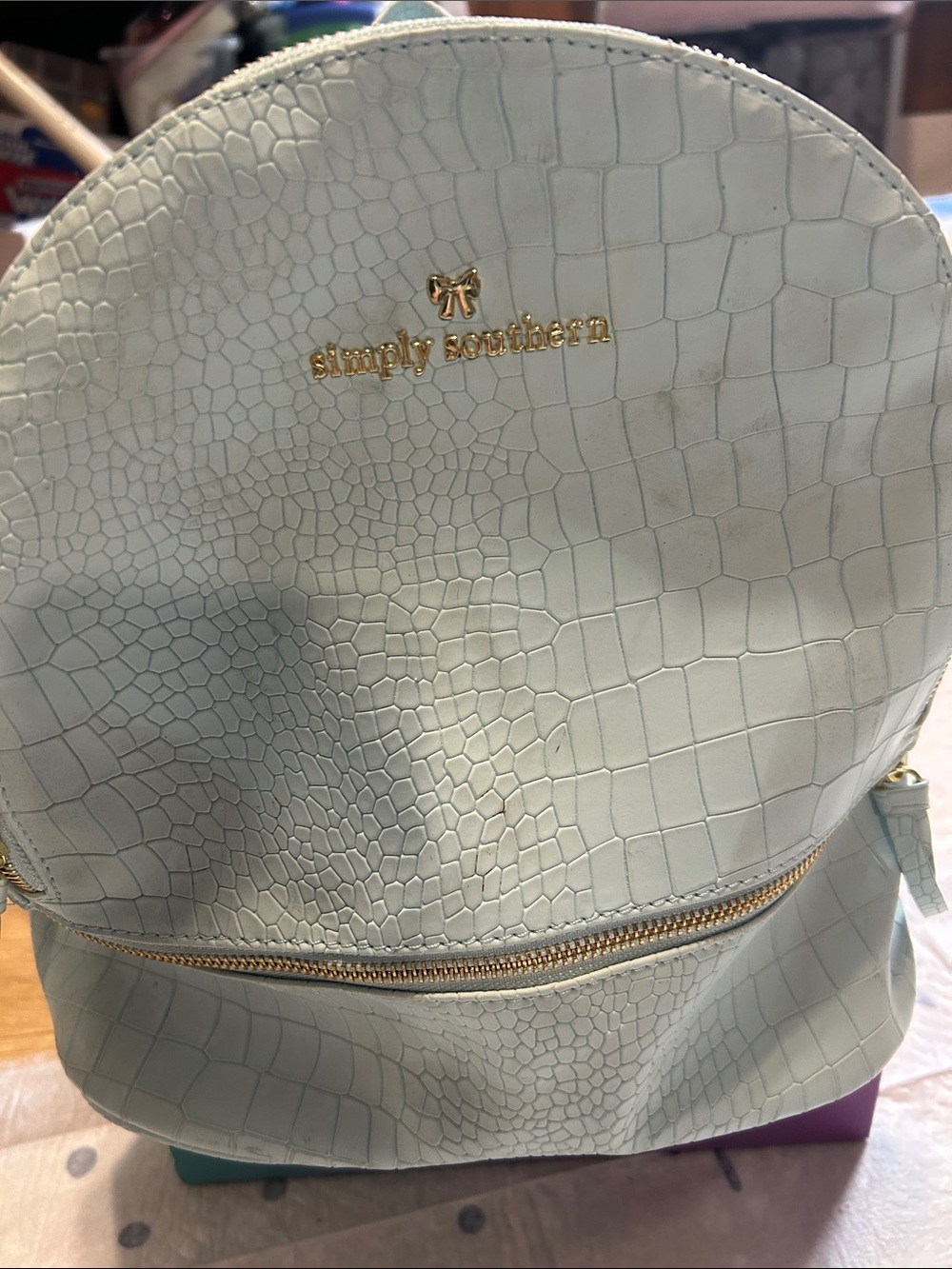 Simply Southern Light Mint Croc-Embossed Backpack with Gold Accents
